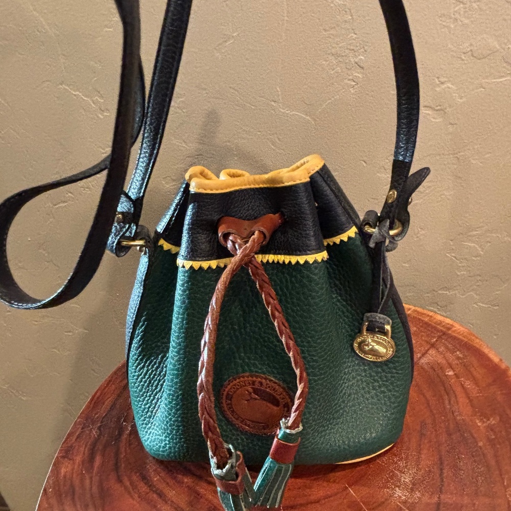 Dooney & Burke Leather Handbag, Green with  Blue yellow accents.